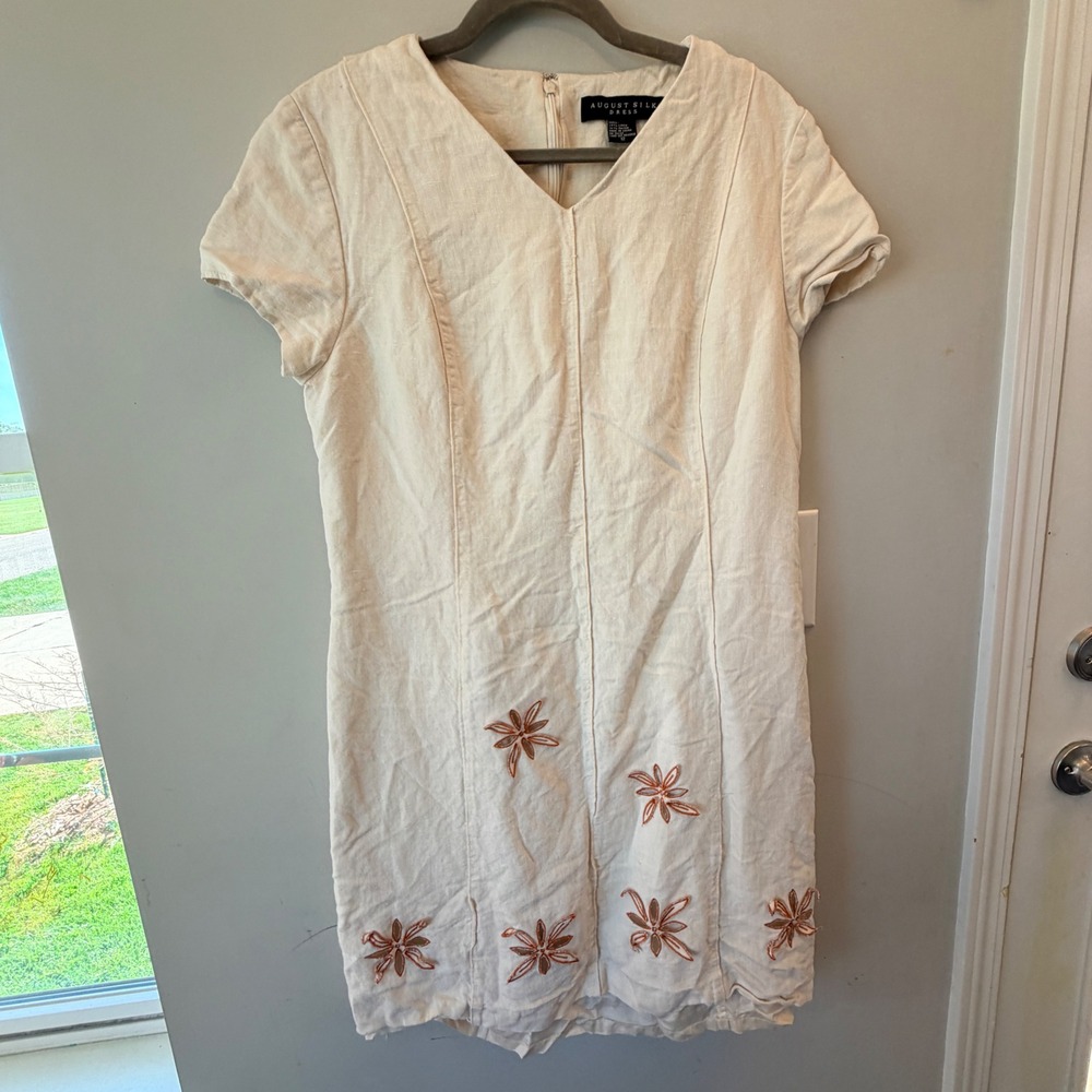 VTG August Silk Linen Blend Mini Dress Women 12 Cream Floral Cutout Cottagecore